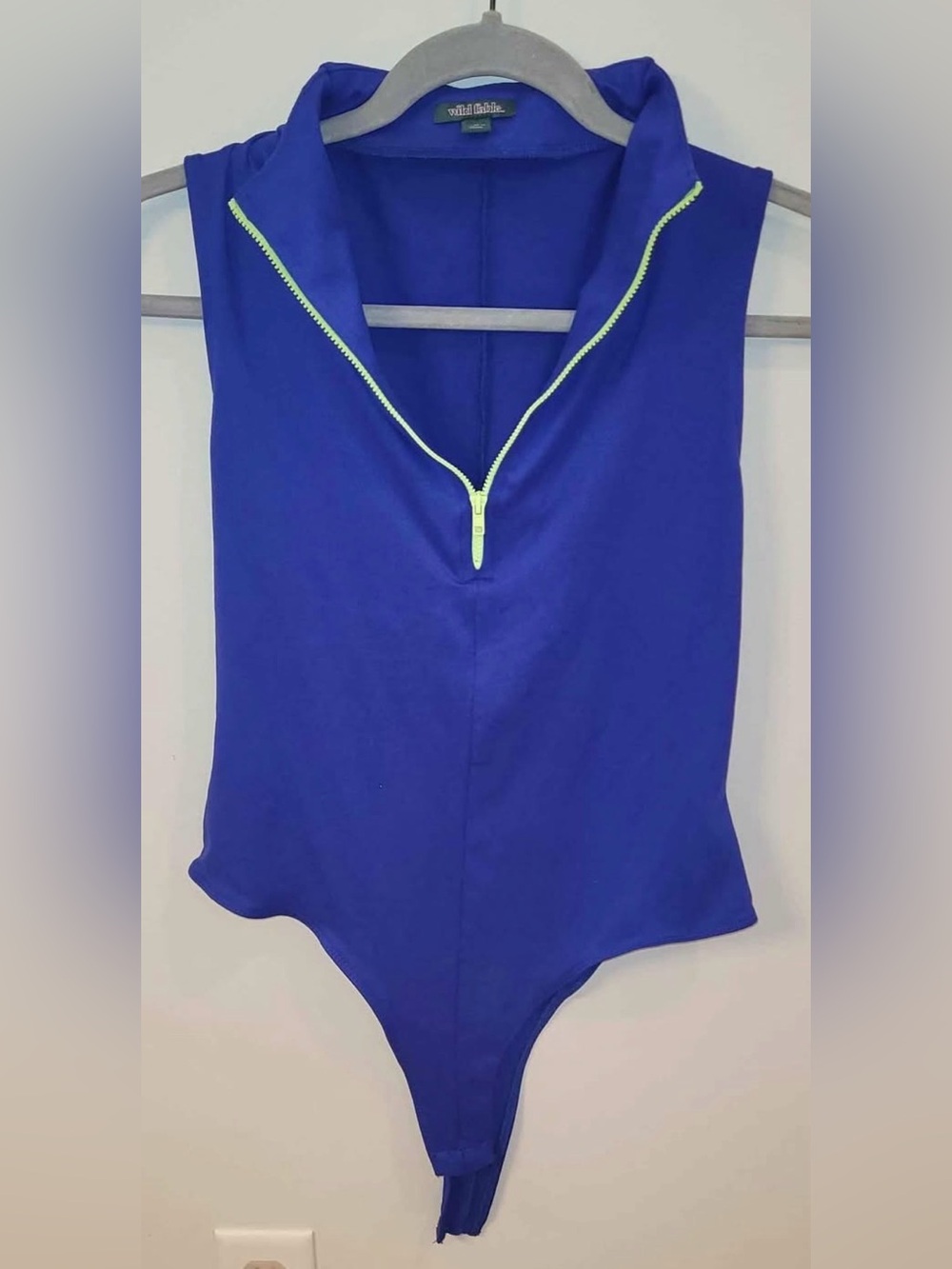 Wild Fable Royal Blue Sleeveless Zip-Front Bodysuit Neon Yellow Trim Size M